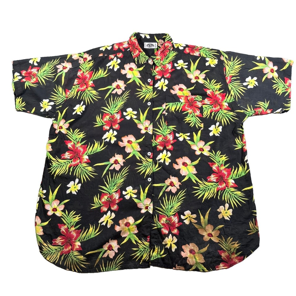 Peppermint Bay Vintage Hawaiian Shirt Mens XL Black Floral Hibiscus Cotton Aloha